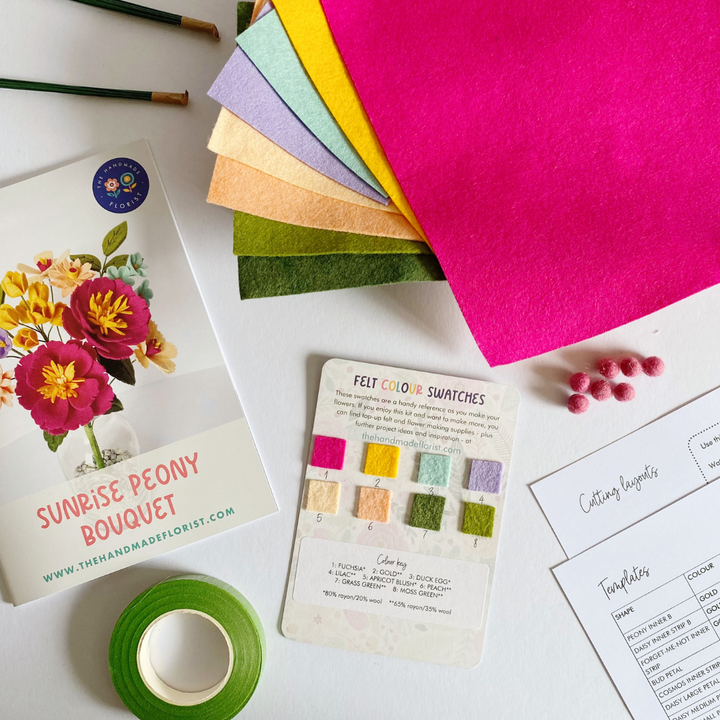 Contents of Sunrise Peony felt flower bouquet craft kit from The Handmade Florist