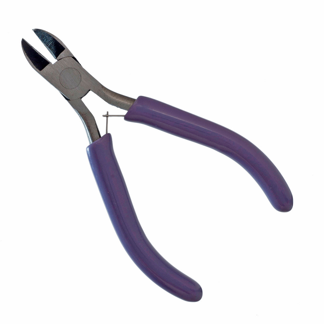 Pair of wire cutters with purple handles on a white background