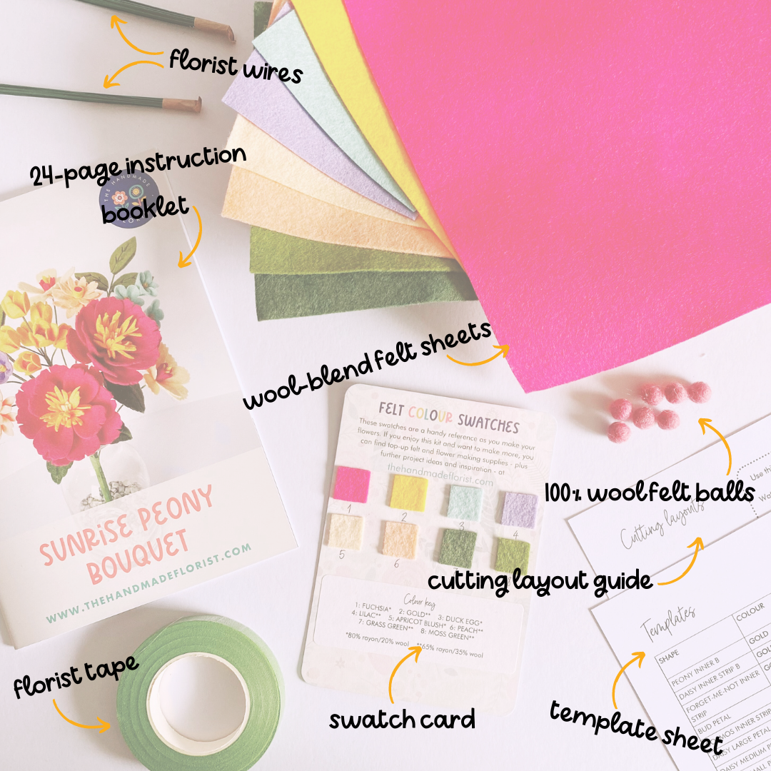 Detailed contents of Sunrise Peony felt flower bouquet craft kit from The Handmade Florist