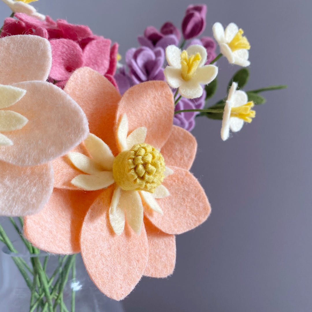 Close up of Collarette Dahlias from Blissful Blooms felt flower craft kit by The Handmade Florist