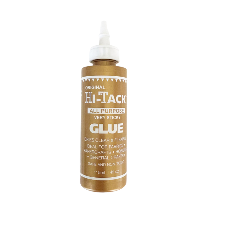 A bottle of Hi-Tack Original All Purpose Glue with a white applicator cap and a brown label, shown on a plain white background.