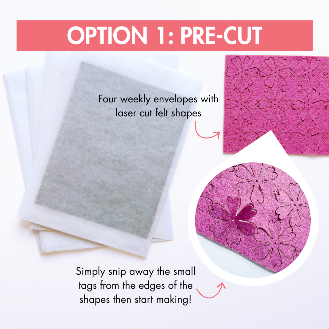 Pre-cut felt shapes with laser cut designs on a white background