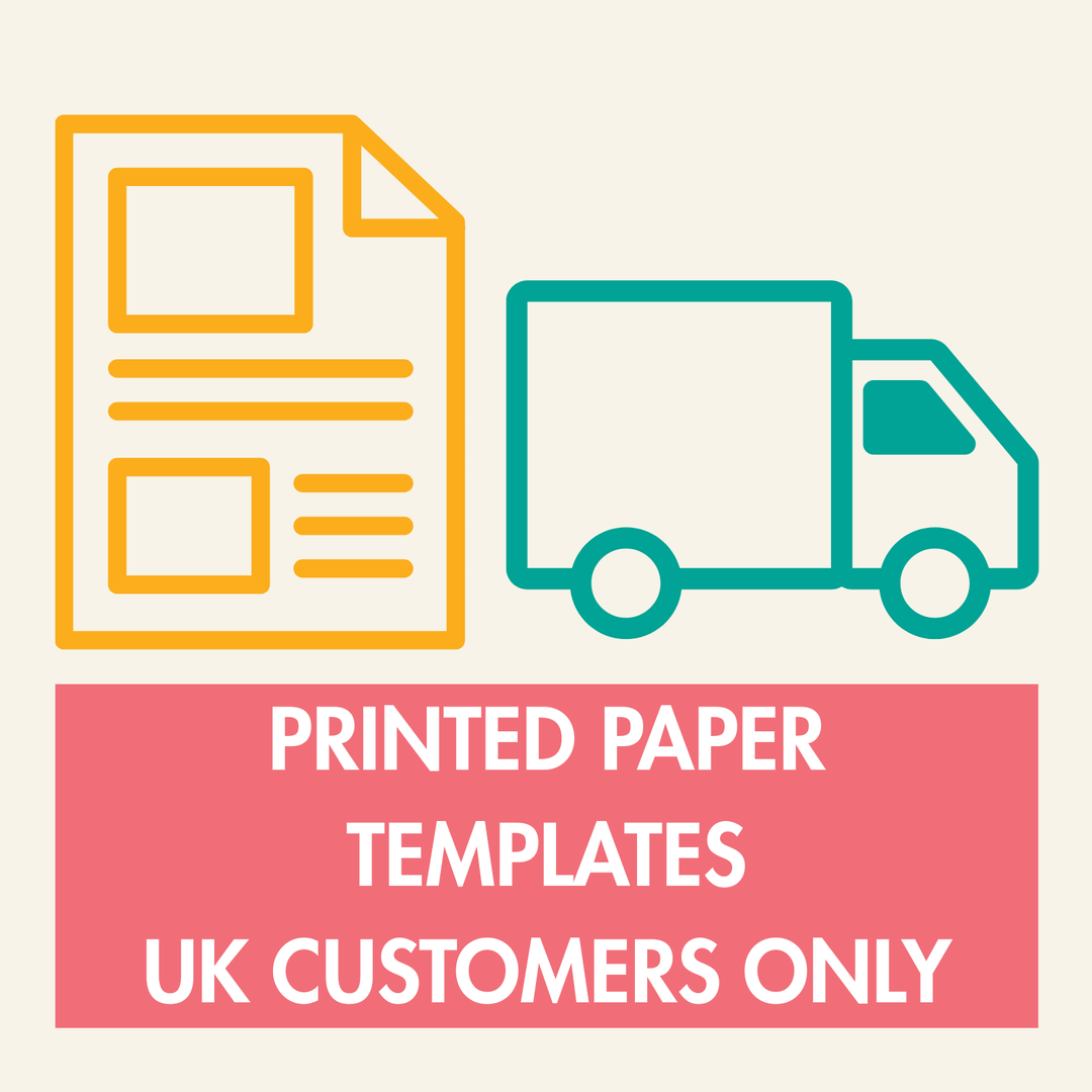 Icons of a document and a delivery truck with text indicating printed paper templates for UK customers only on a beige background.