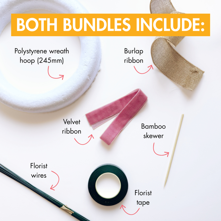 List of items included in a floral arrangement kit on a white background