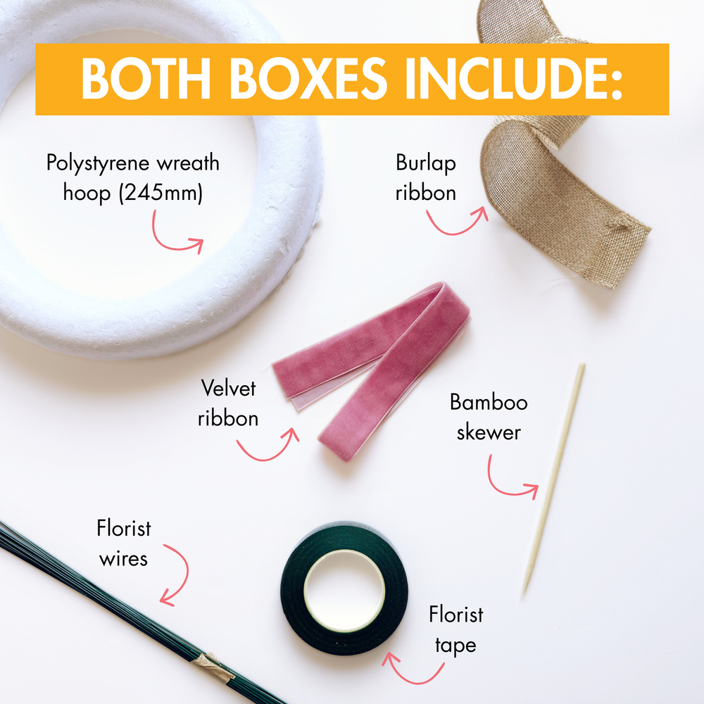 Set of floral arrangement tools including a polystyrene wreath hoop, burlap ribbon, velvet ribbon, bamboo skewer, florist wires, and florist tape on a white background.