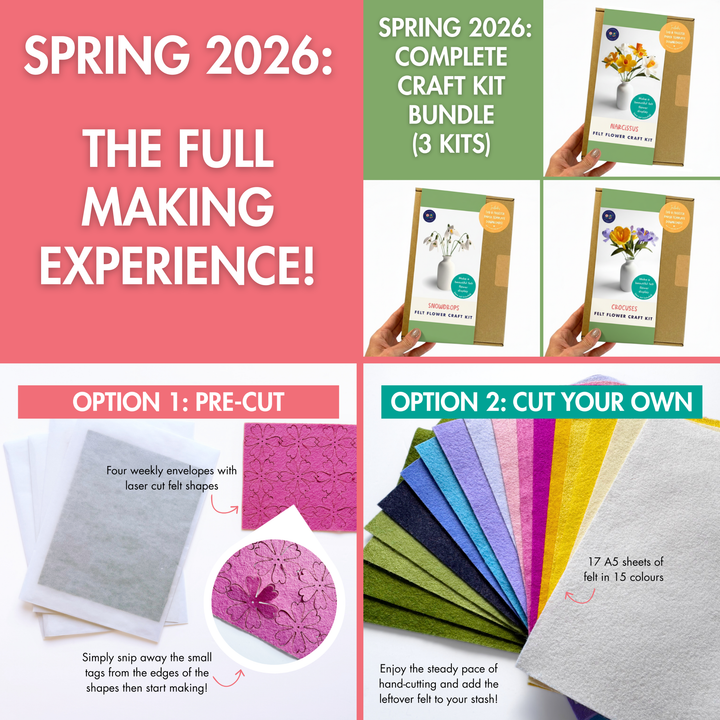 Promotional image for a craft kit bundle with options for pre-cut and cut-your-own materials, featuring text about Spring 2026.