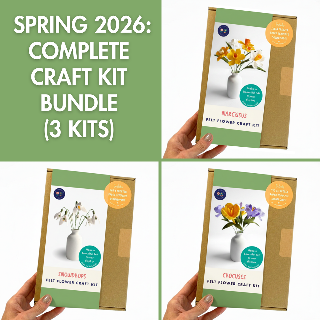 Three felt flower craft kit boxes held by hands with a green background and text about spring 2026 complete craft kit bundle.