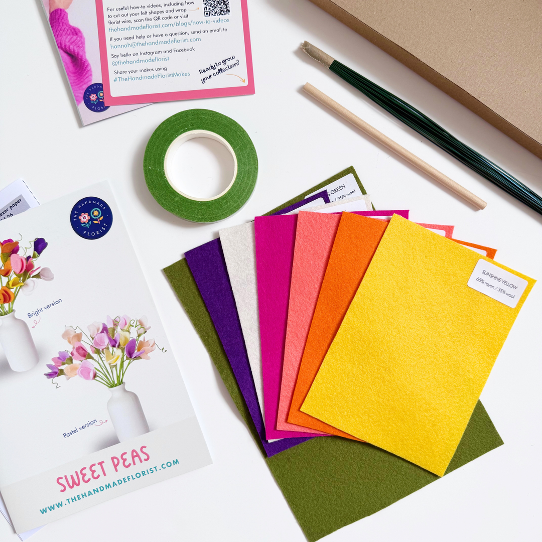 Craft kit contents: wool blend felt sheets, florist wire and tape, wooden skewer and step by step instructions