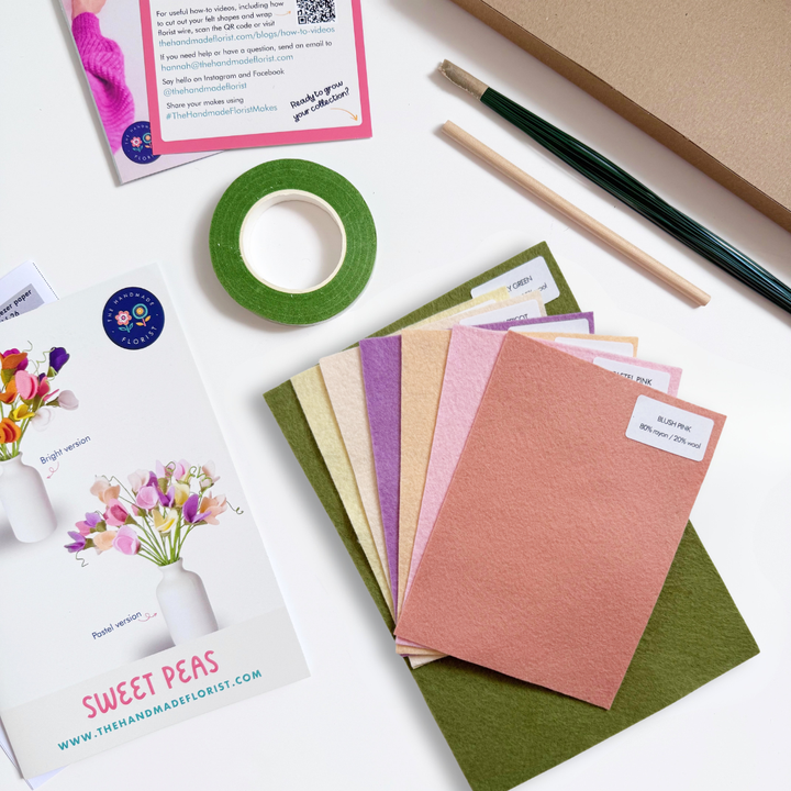 Craft kit contents: wool blend felt sheets, florist wire and tape, wooden skewer and step by step instructions