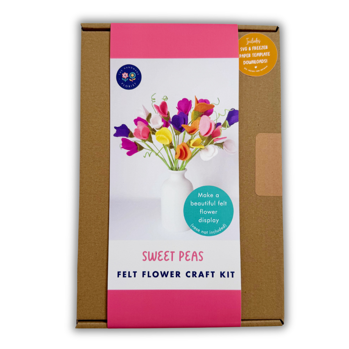 Felt flower craft kit packaging with sweet peas design on a white background