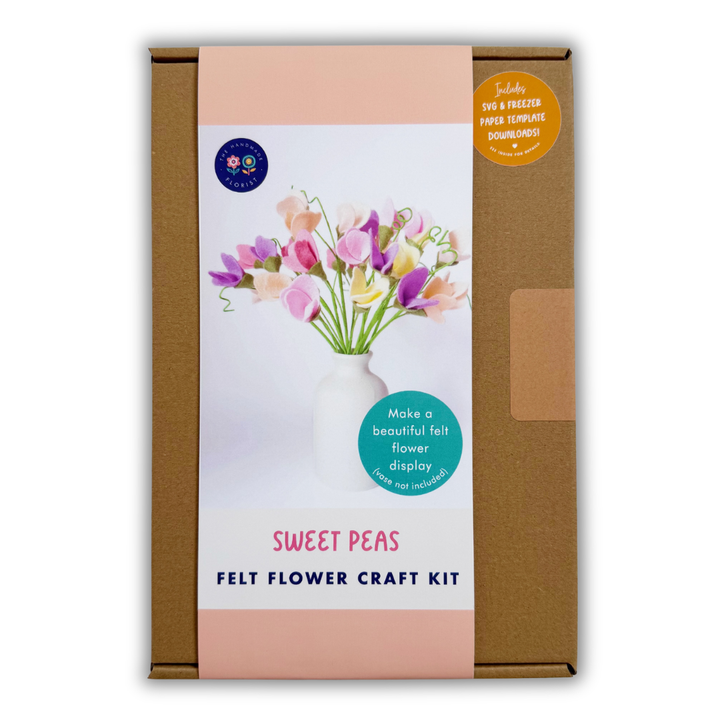 Felt flower craft kit packaging with sweet peas design on a white background