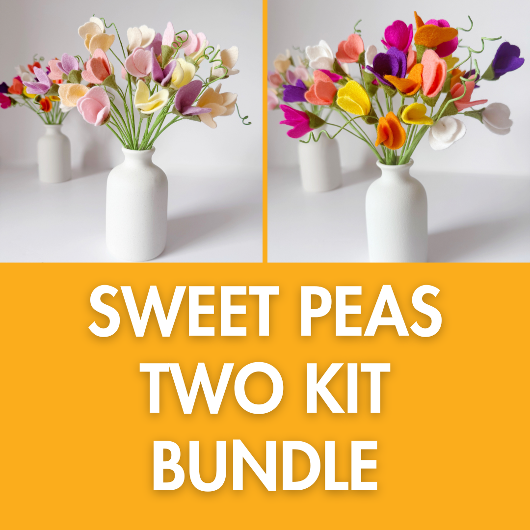 Two sets of colorful flower bouquets in white vases with &